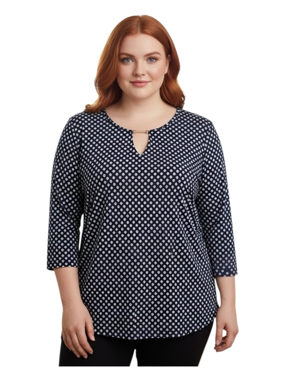 Diamond-Print Navy Keyhole Blouse with Chain Accent